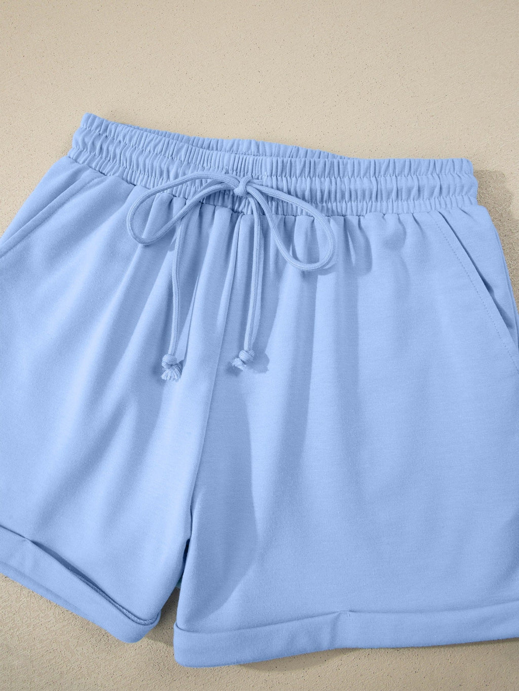 Collared V Neck Tee Drawstring Elastic Waist Shorts 2pcs Outfit