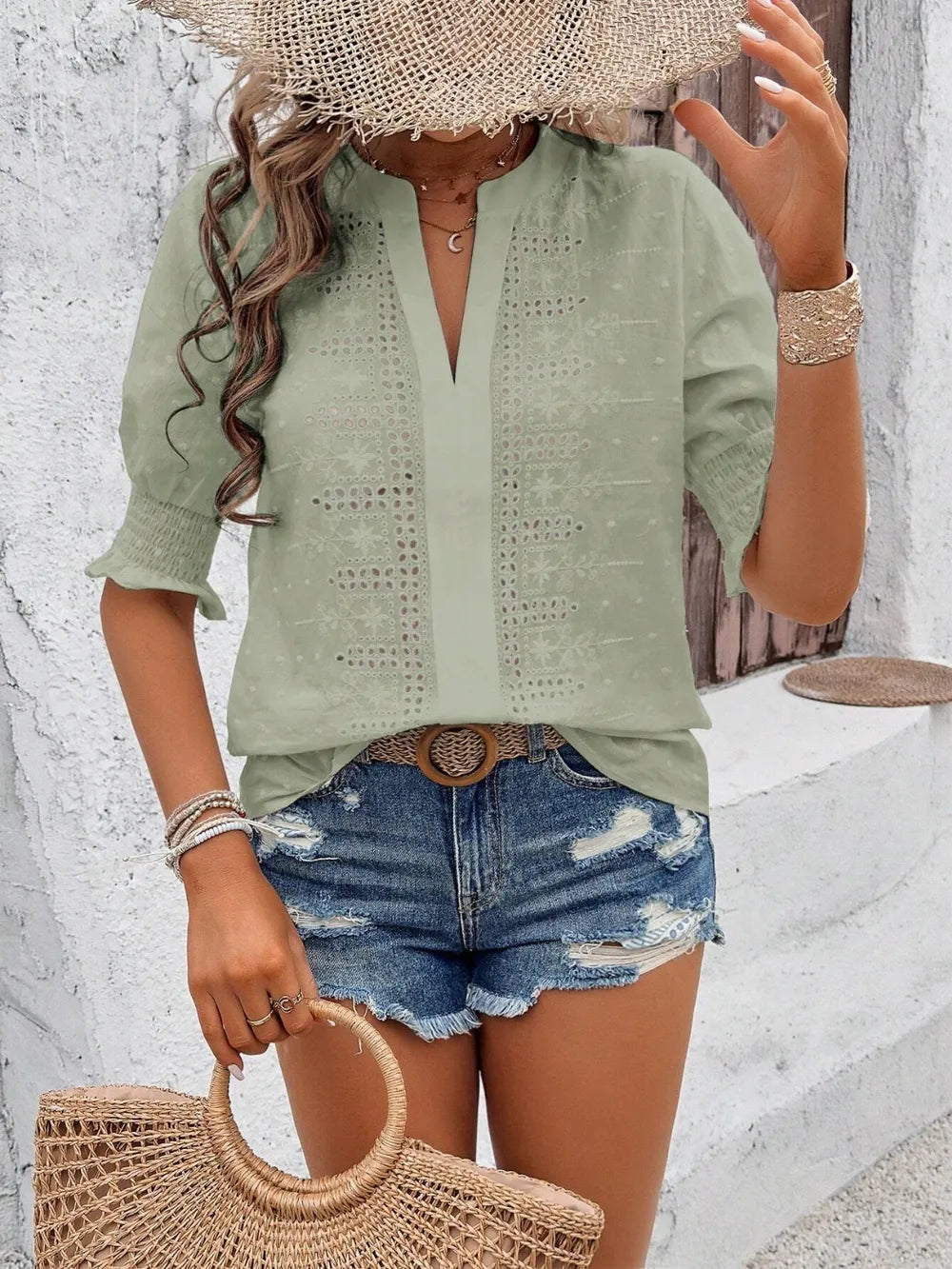 Eyelet Notched Flounce Sleeve Blouse