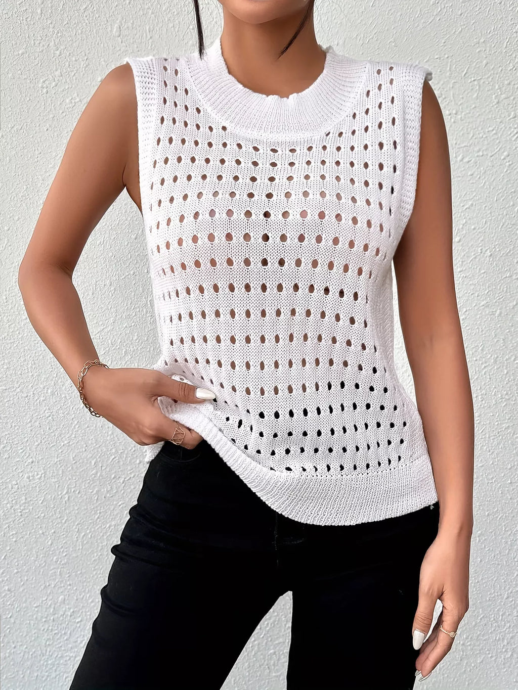 Hollow Out Round Neck Knit Tank