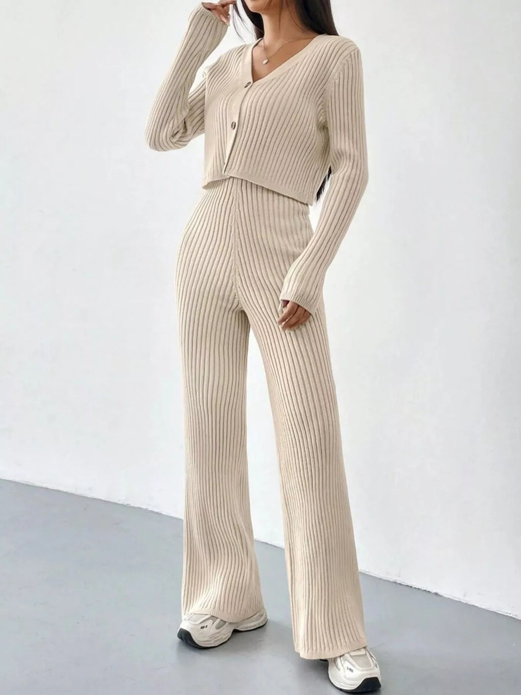 Ribbed Knit Button Up Top and Pants Set