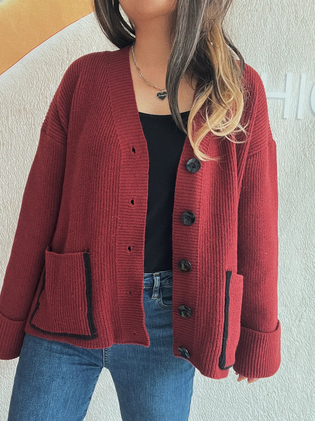 Button-Front Ribbed Cardigan with V-Neck