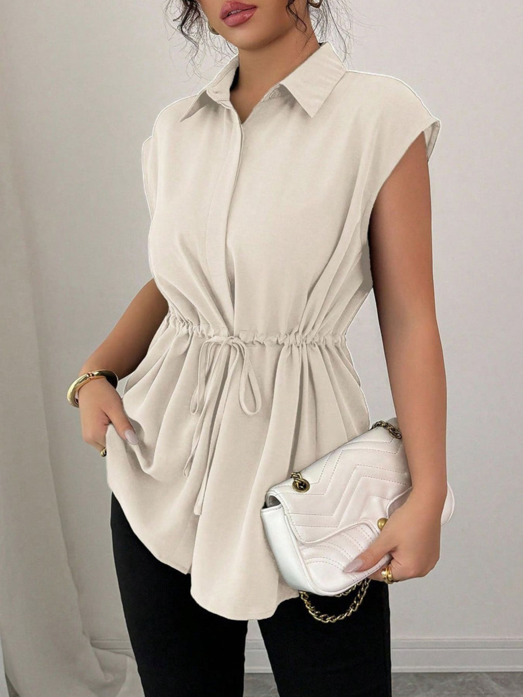 Drawstring Waist Cap Sleeve Shirt