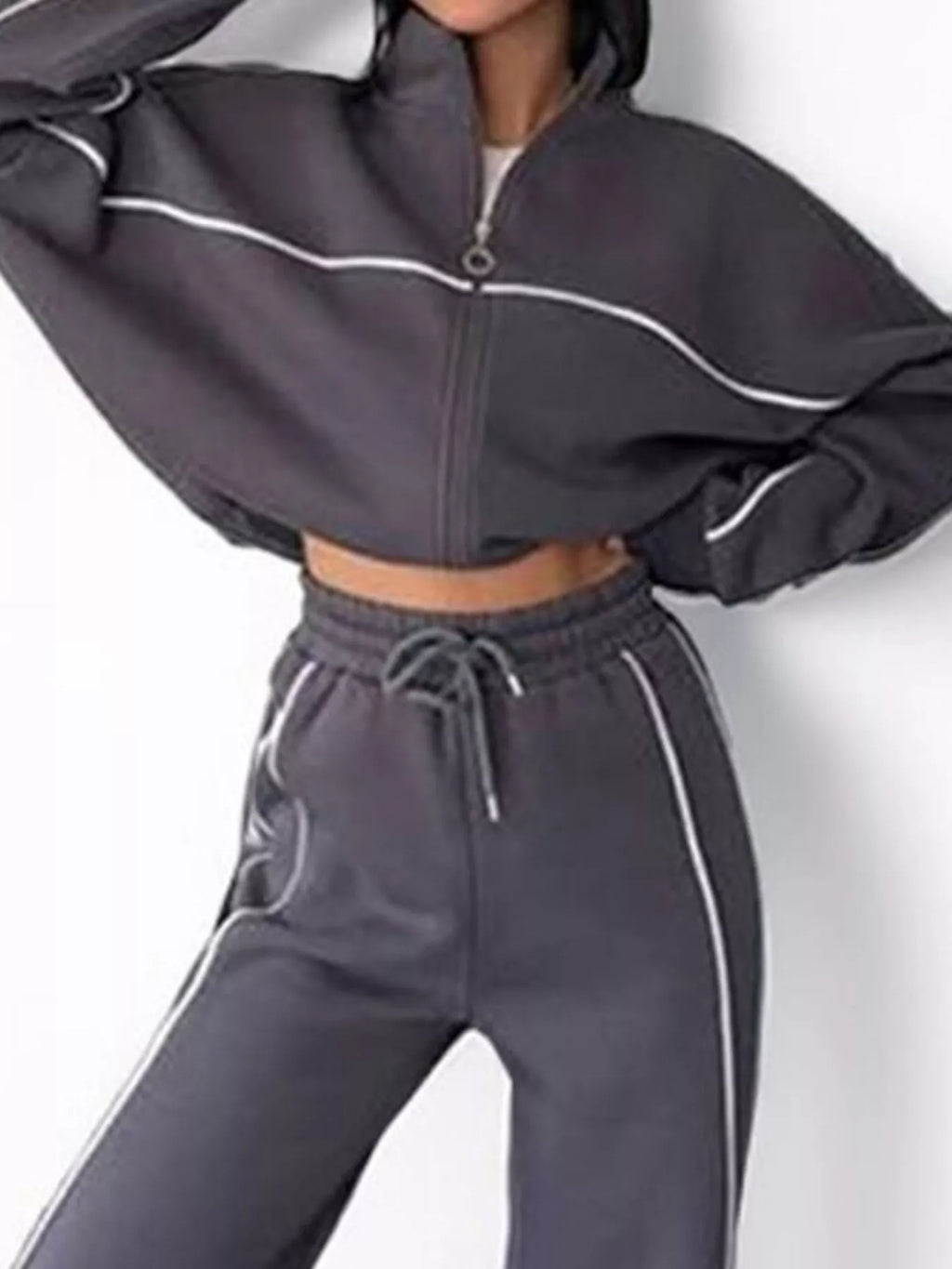 Full Size Zip Up Long Sleeve Top and Pants Set Plus Size