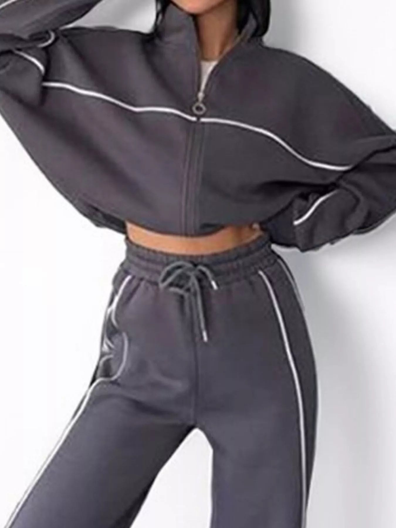 Full Size Zip Up Long Sleeve Top and Pants Set Plus Size