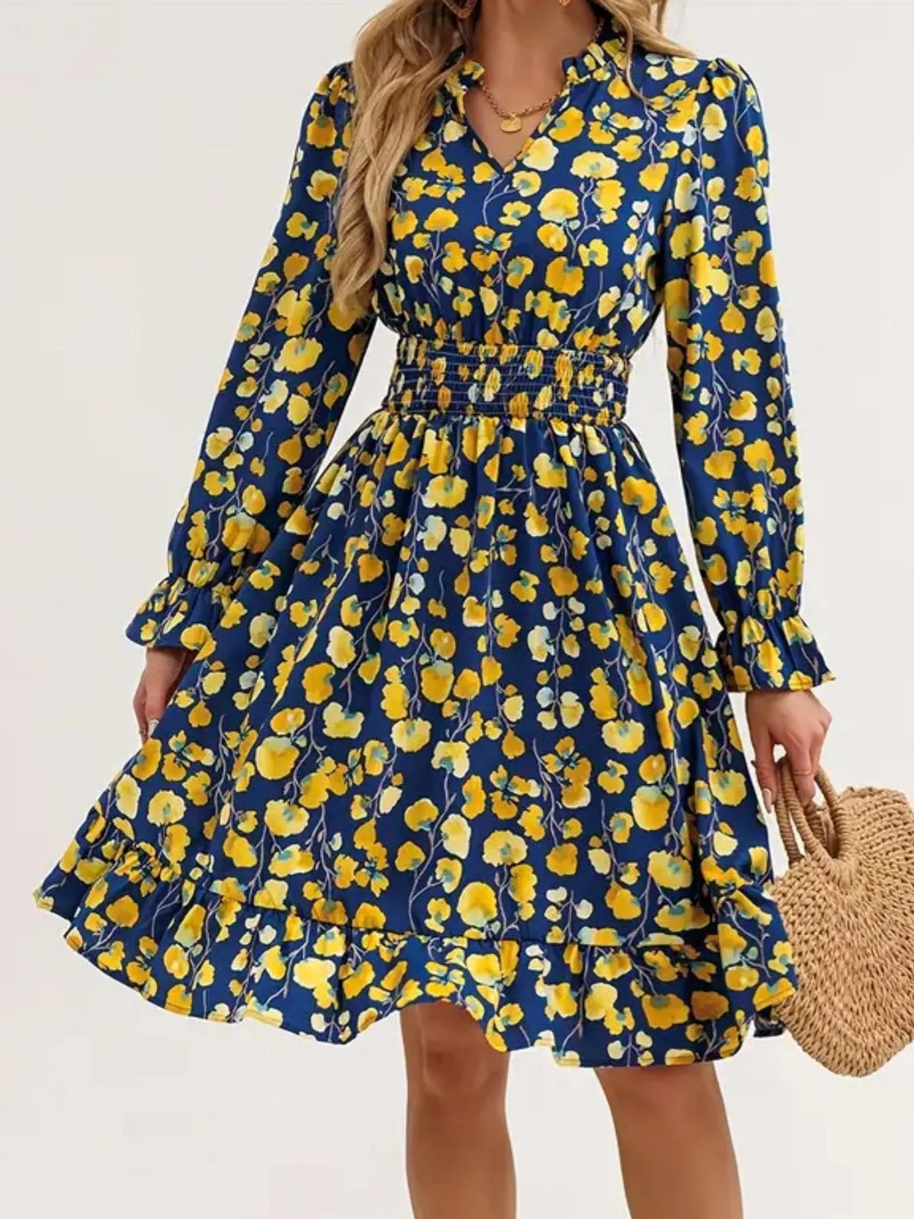 Floral Notched Flounce Sleeve Dress