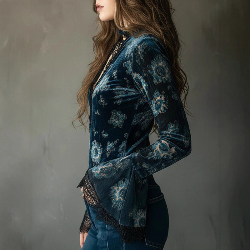 Women’s Retro Lace Panel V-Neck Blouse – Elegant Print Bell Sleeve Top for Spring & Autumn Wear