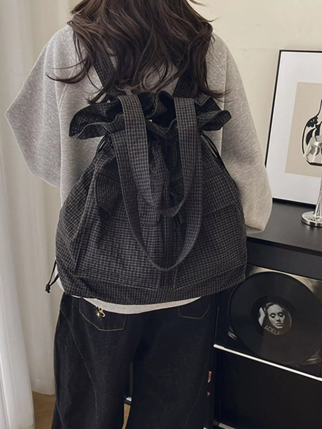 Convertible Plaid Drawstring Backpack Bag