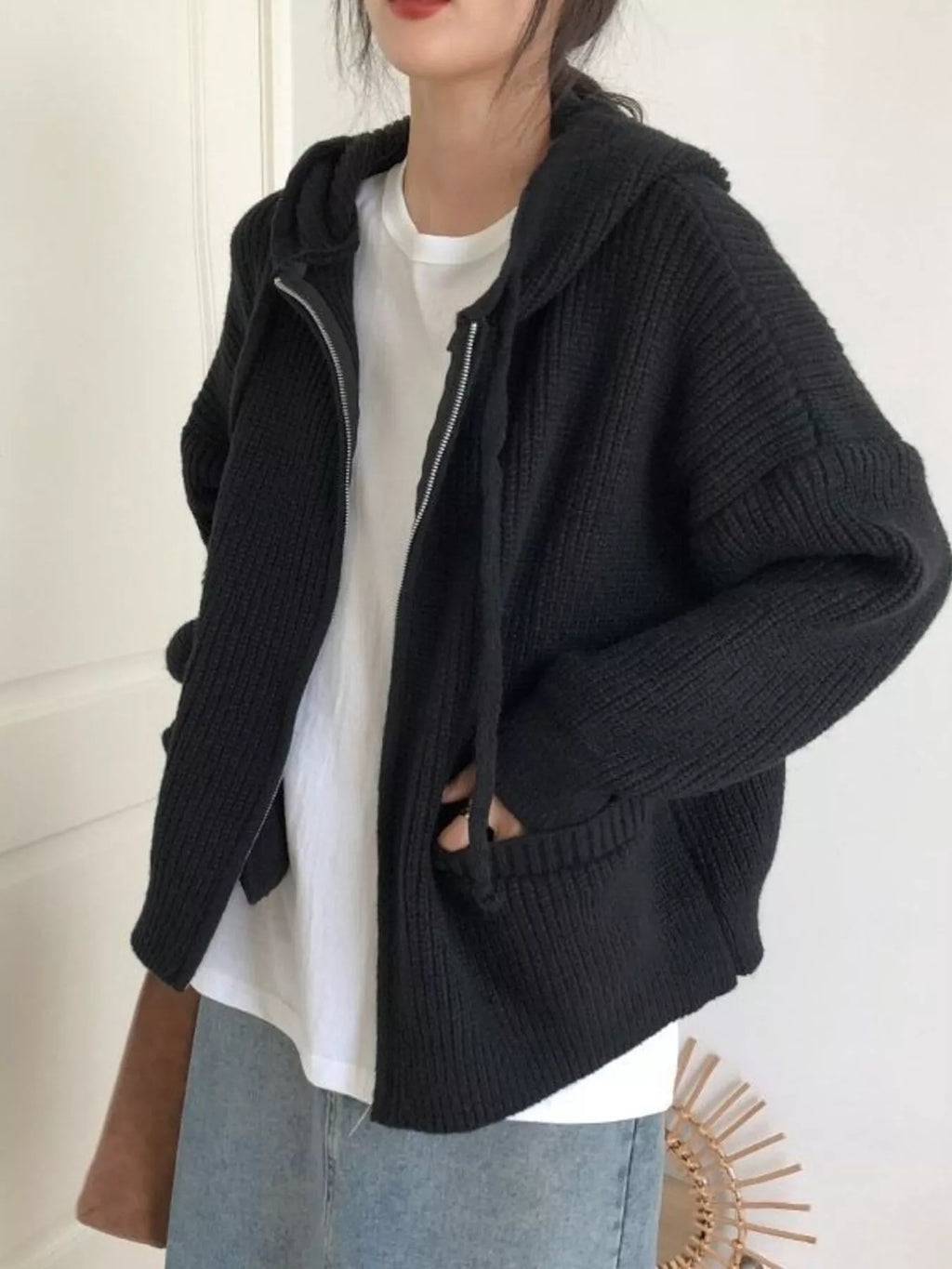 Full Size Casual Knitted Zip-Up Hooded Cardigan Plus Size