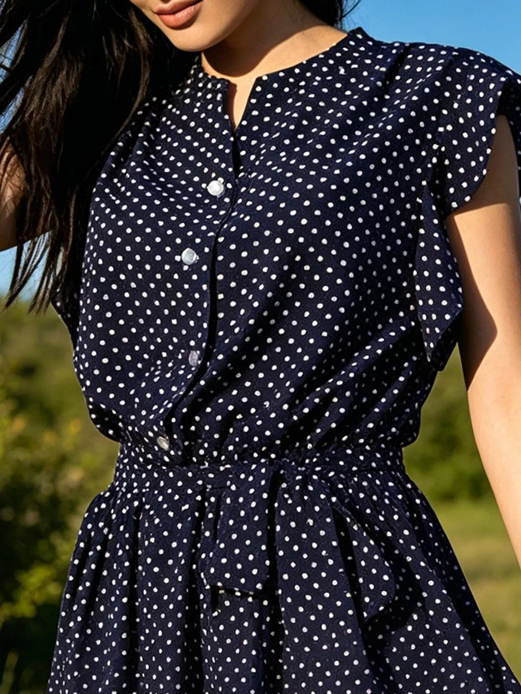 Polka Dot Ruffle Sleeve Tie Waist Dress