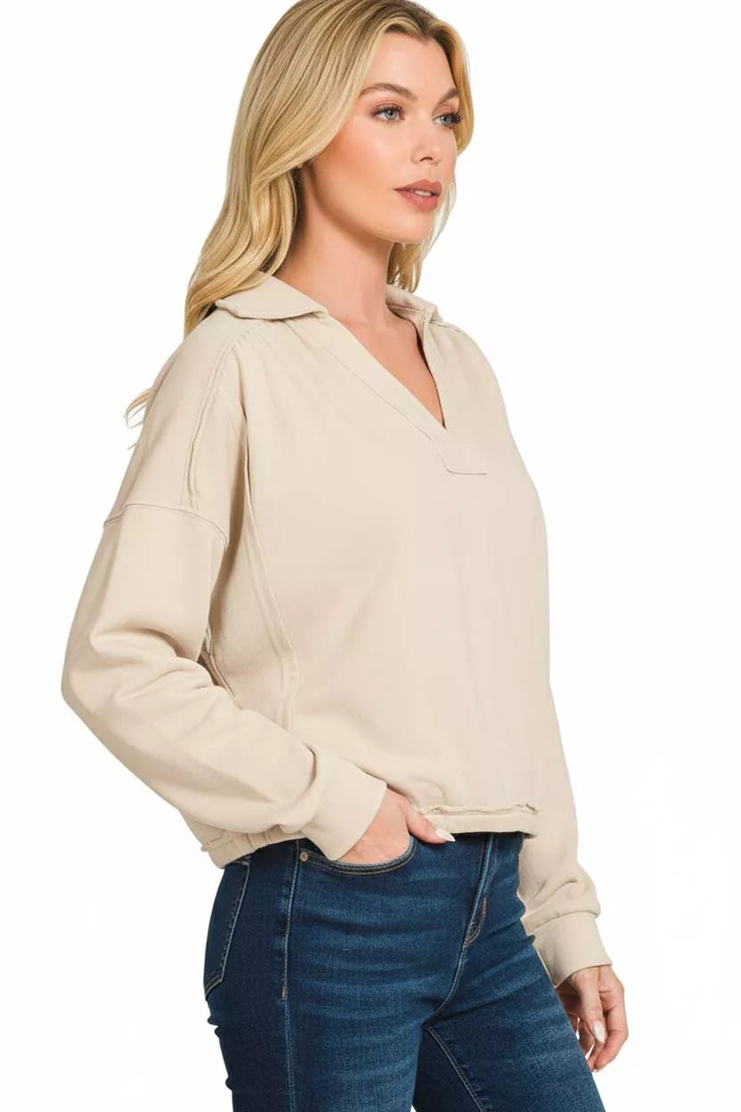 Zenana French Terry Collared Exposed Seam Sweatshirt