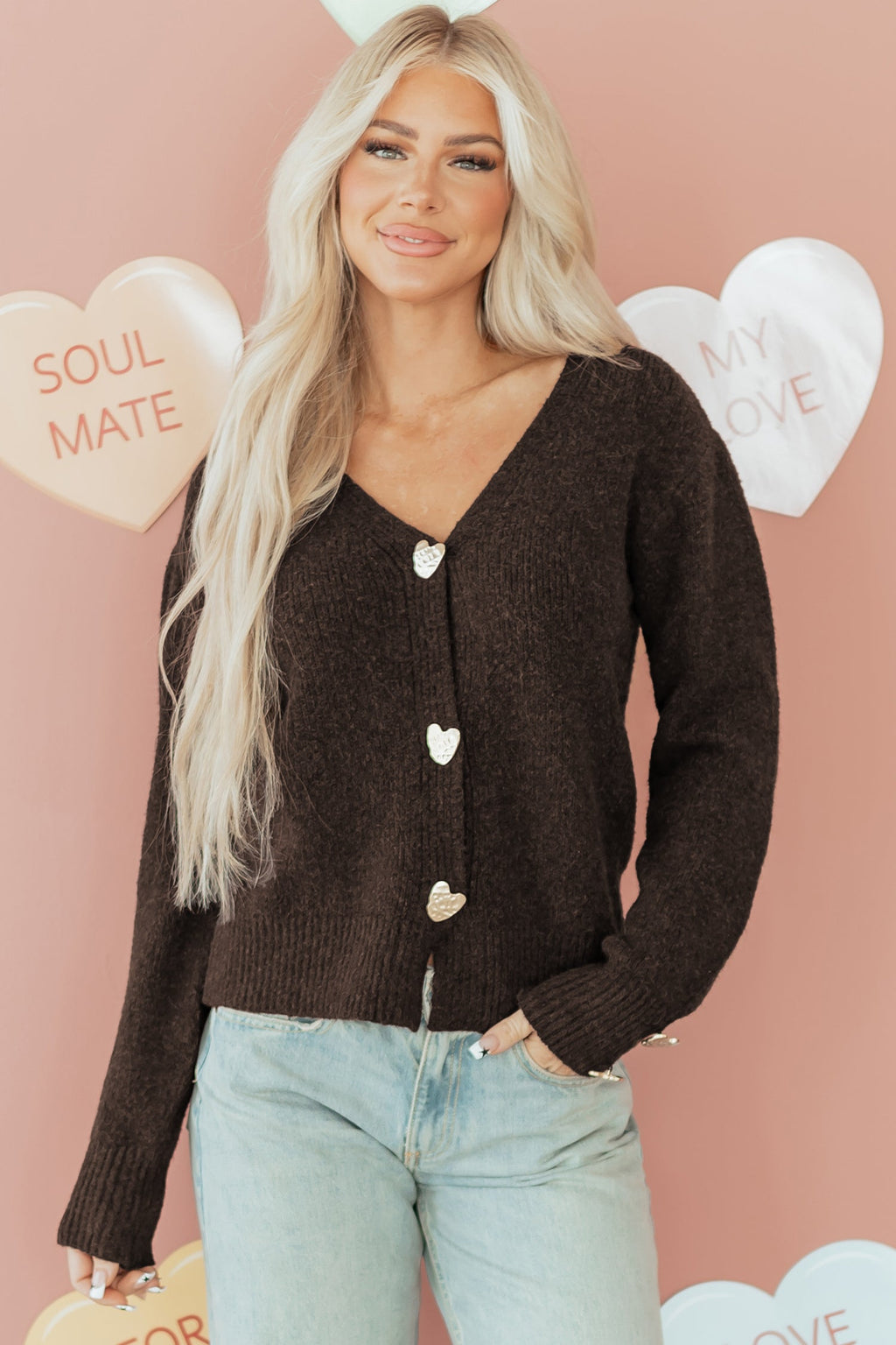 Valentine Heart Metal Buttoned V-Neck Cardigan