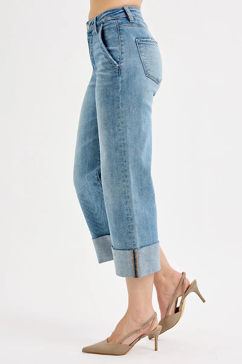 RISEN Full Size Tummy Control High Rise Ankle Wide Cuffed Jeans Plus Size