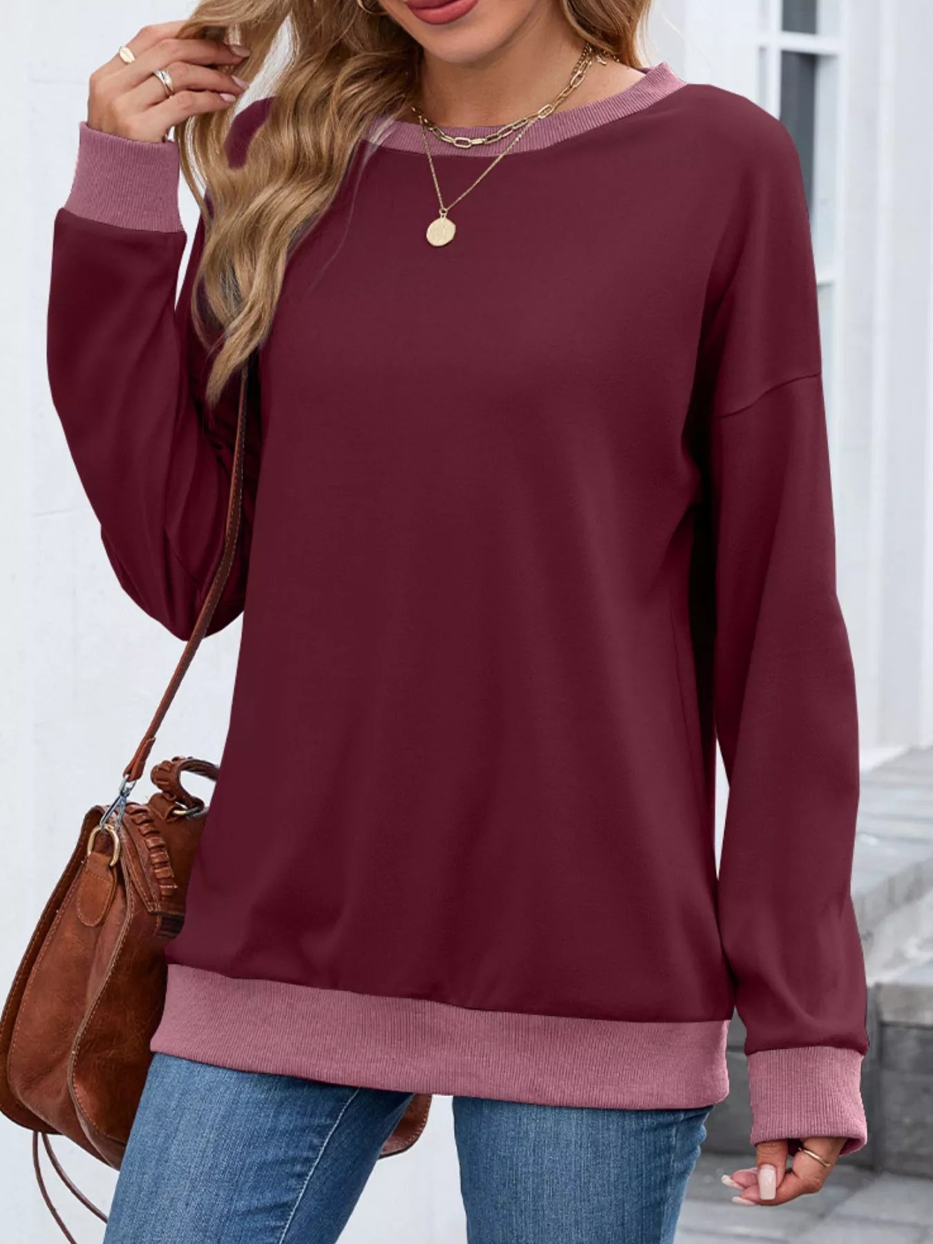 Contrast Trim Long Sleeve Sweatshirt