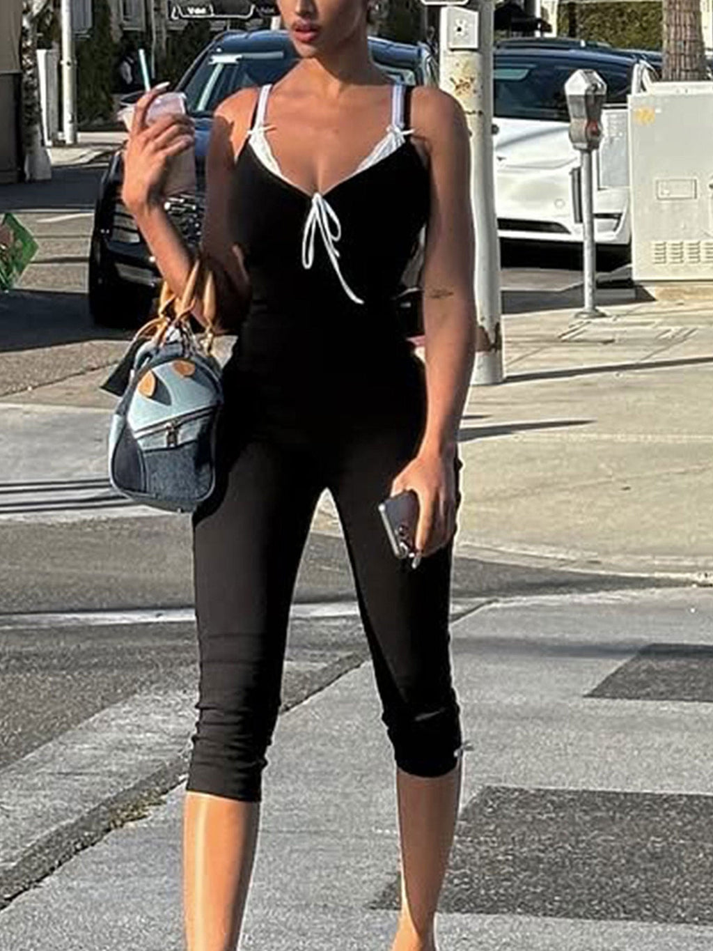 Lace Trim Tie-Front Capri Jumpsuit