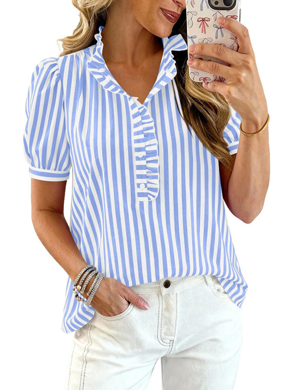 Frill Striped Puff Sleeve Blouse