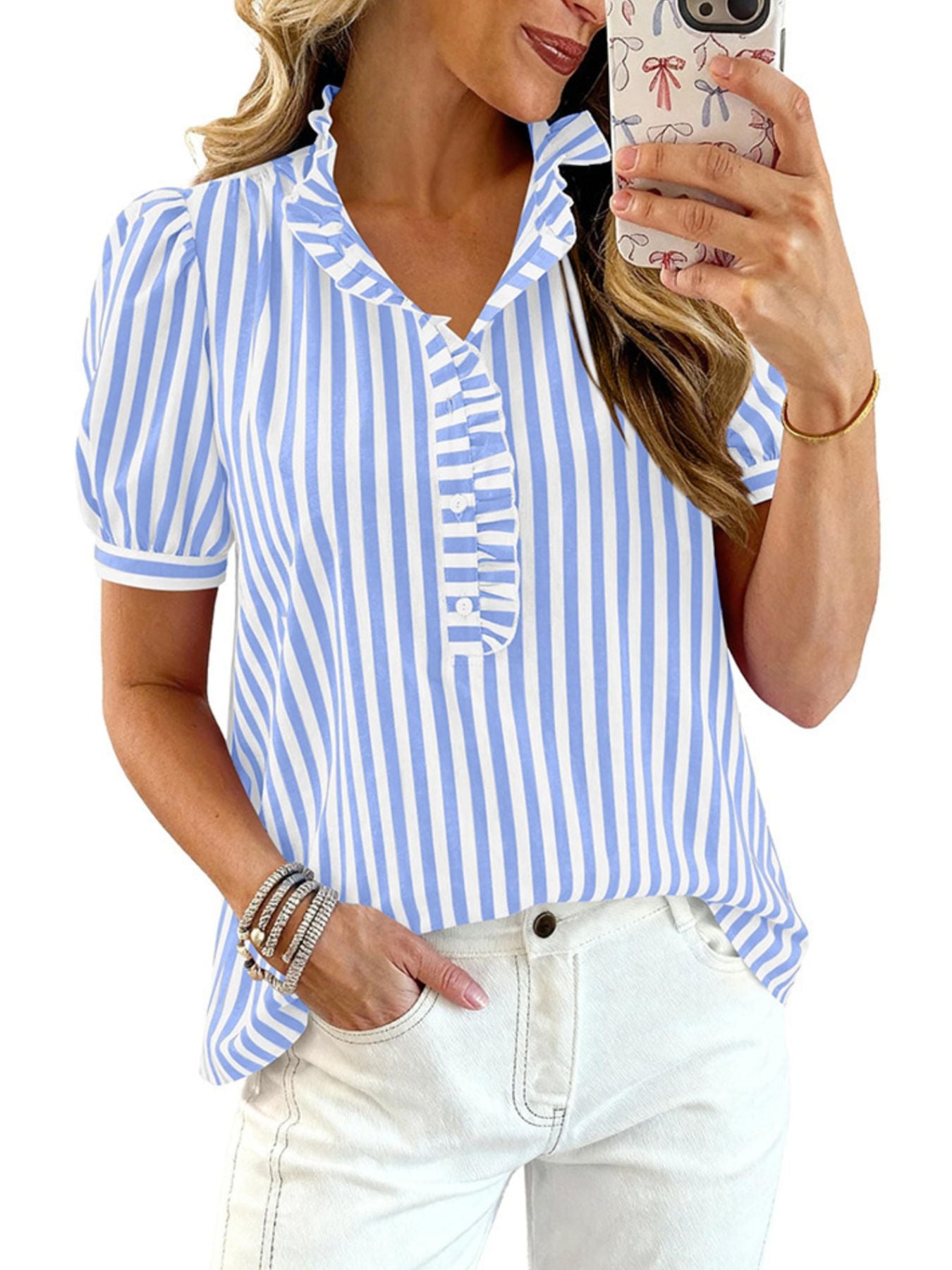 Frill Striped Puff Sleeve Blouse