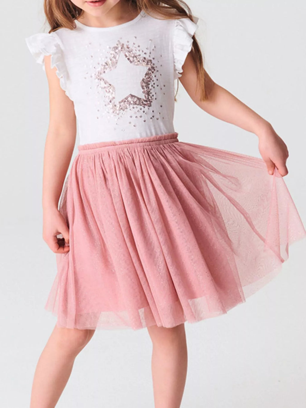 Children's Star Sequin Tulle Ruffled Sleeveless Dress