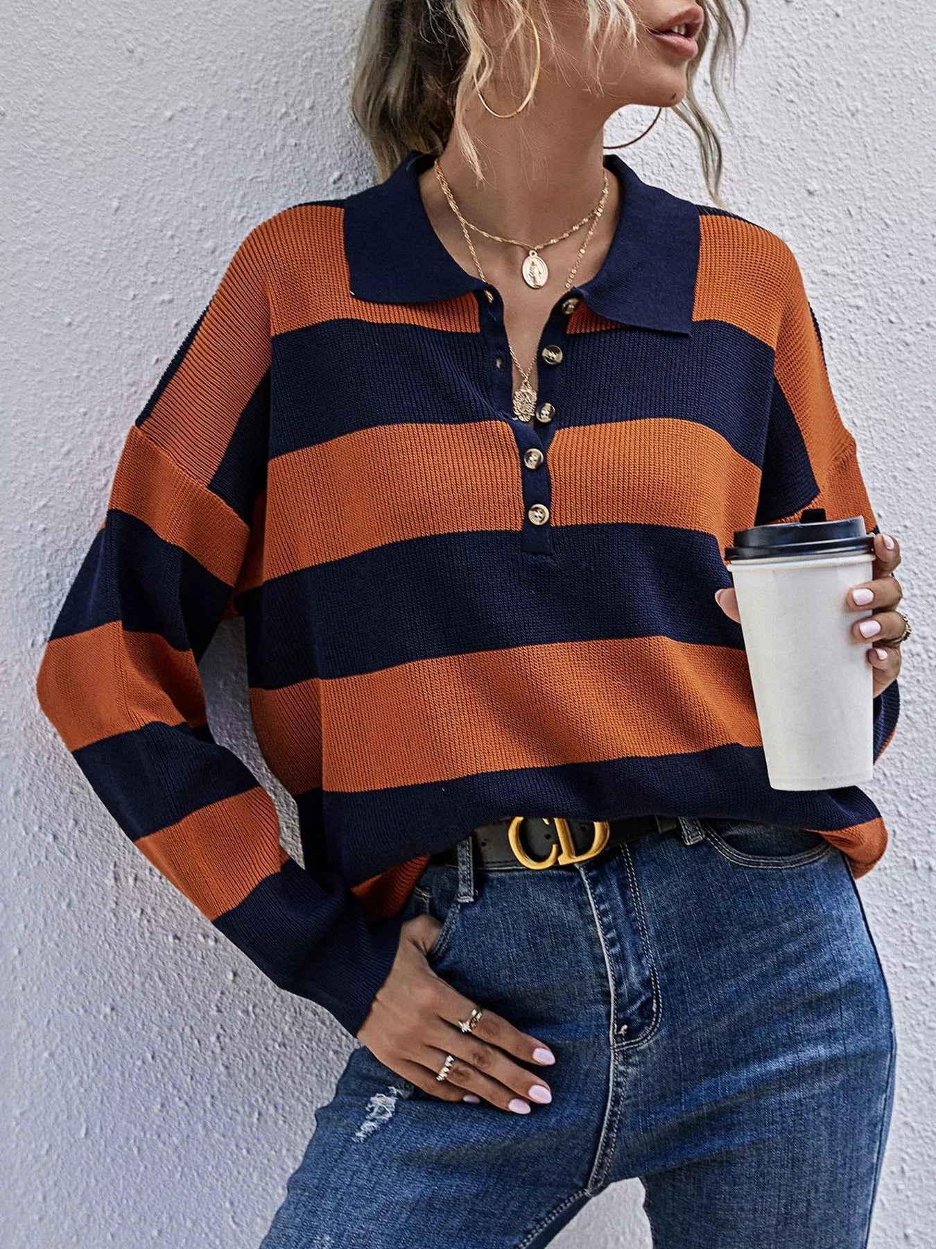 Striped Button Detail Dropped Shoulder Knit Top