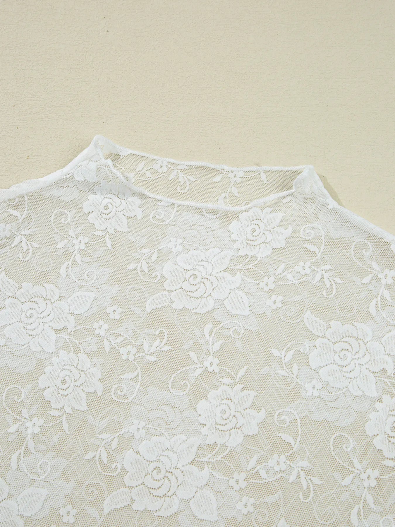 Sheer Floral Lace Mesh Mock Neck Long Sleeve Top