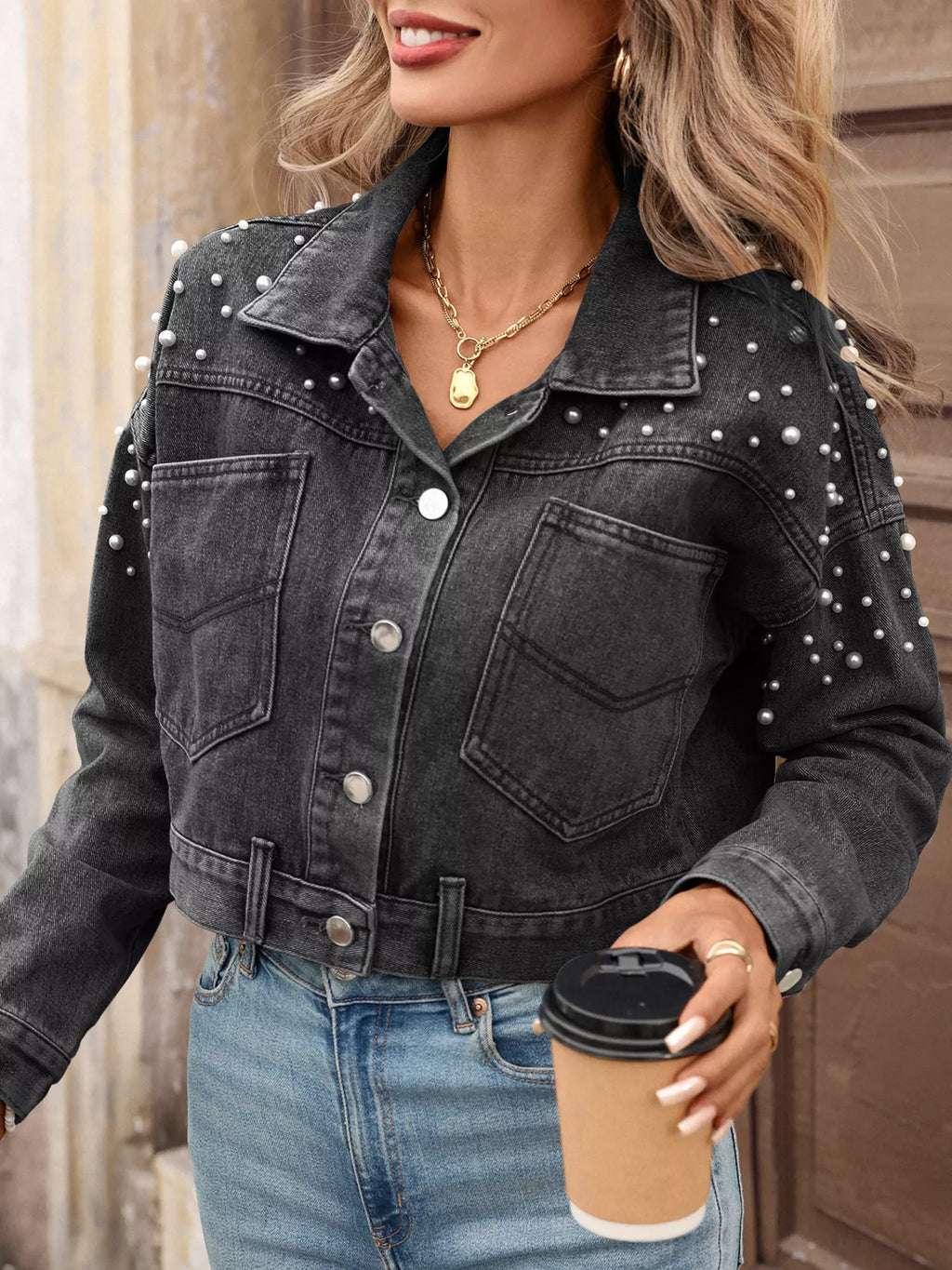 Pearl Embellished Cropped Denim Jacket