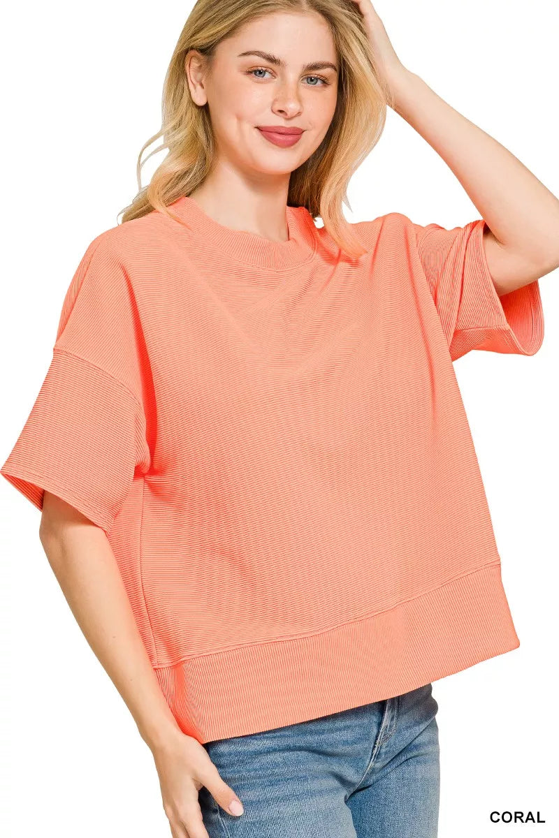 Zenana Ribbed Round Neck Waist Banded T-Shirt