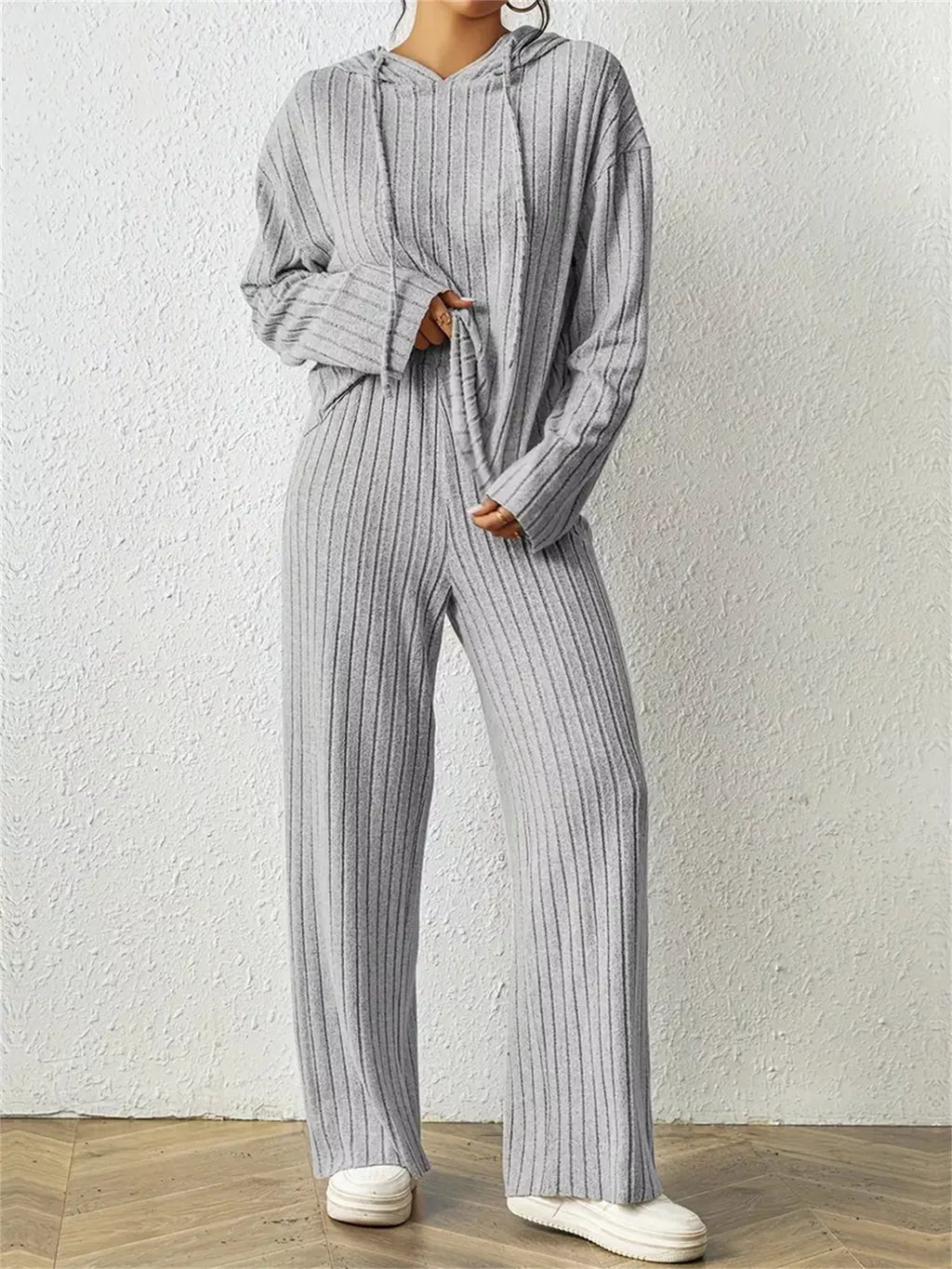 Ribbed Drawstring Hoodie and Pants Set