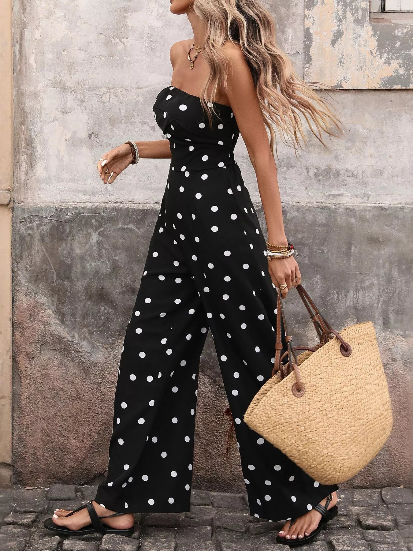 Polka Dot Strapless Wide Leg Jumpsuit