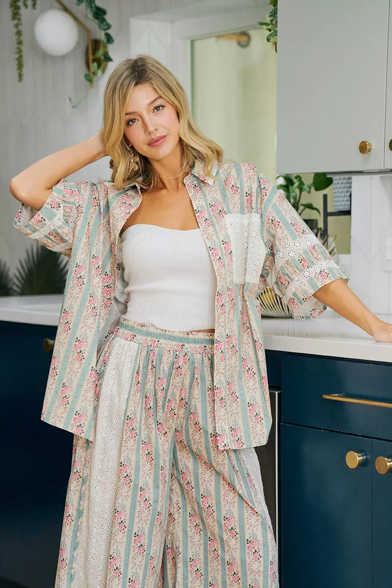 BiBi Eyelet Lace And Floral Mix And Match Shirt Top