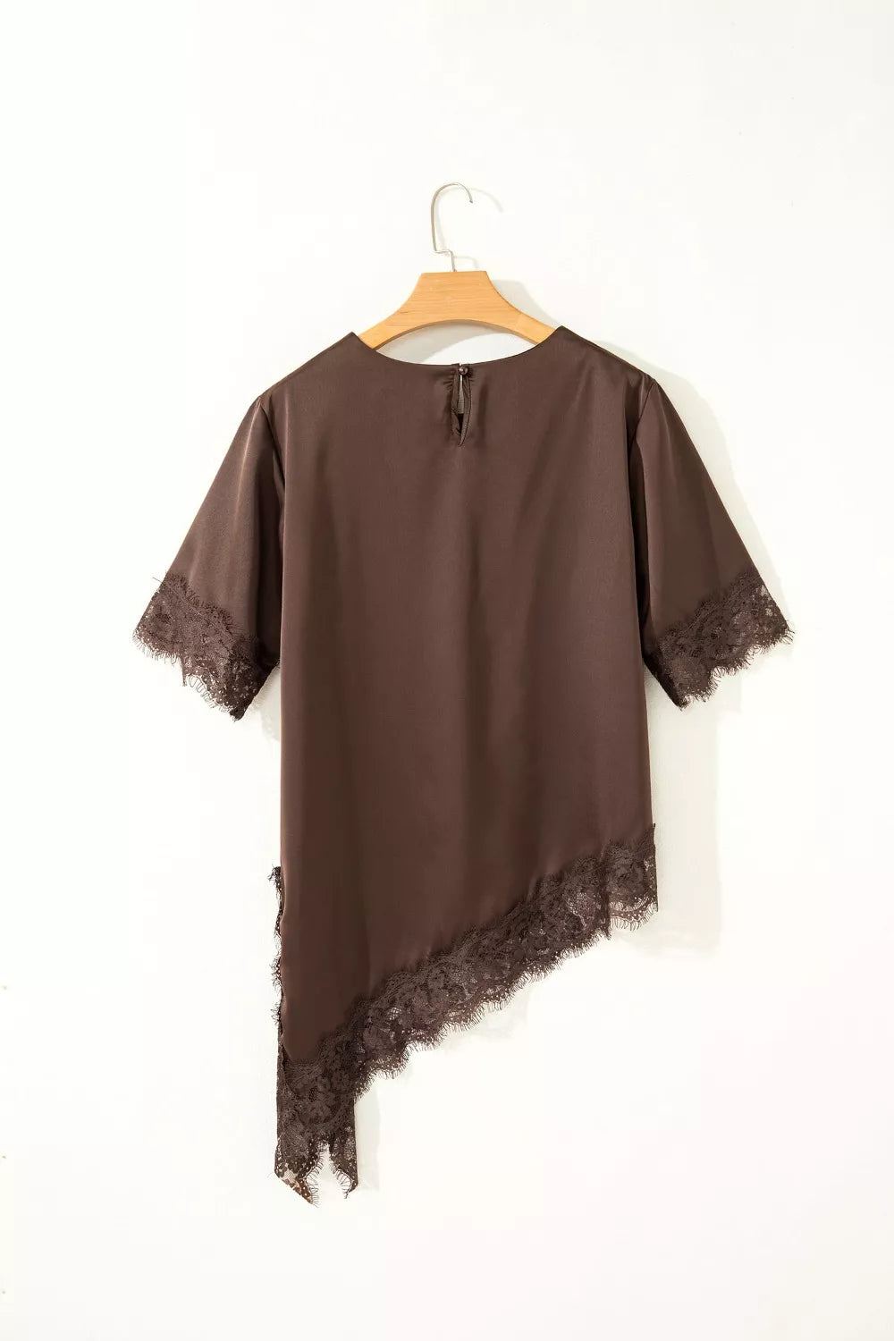 Asymmetric Lace Trim Short Sleeve Satin Top