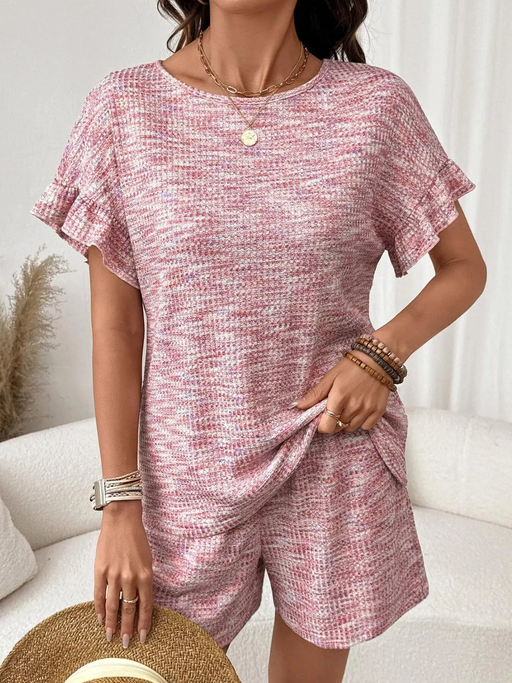 Ruffle Sleeve Textured Top and Shorts Set