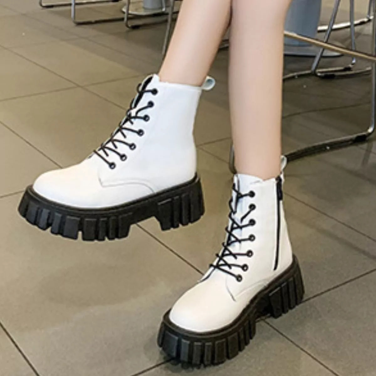 Round Toe Lace-Up Chunky Boots