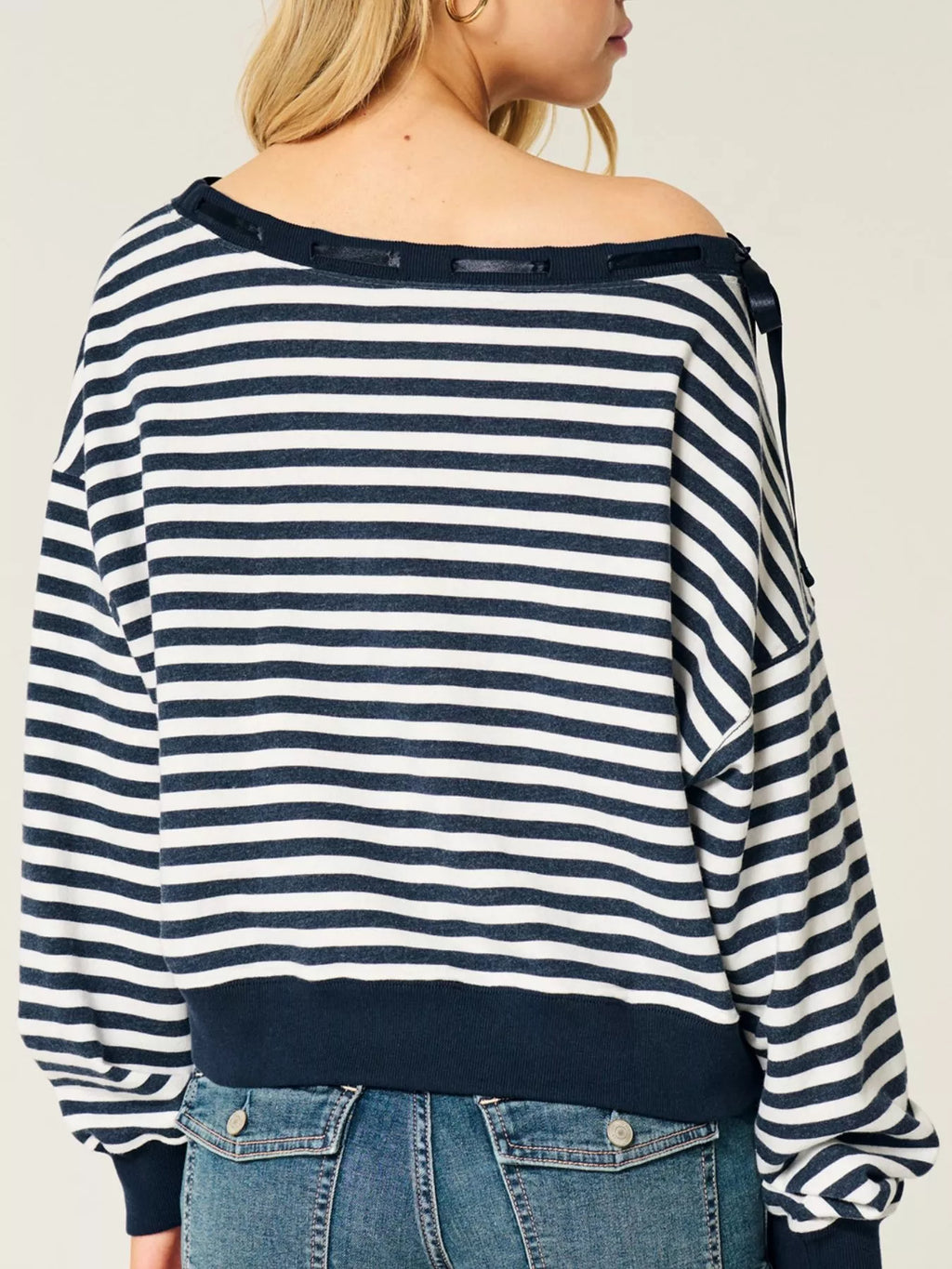 Striped Off-Shoulder Ribbon Accent Sweatshirt