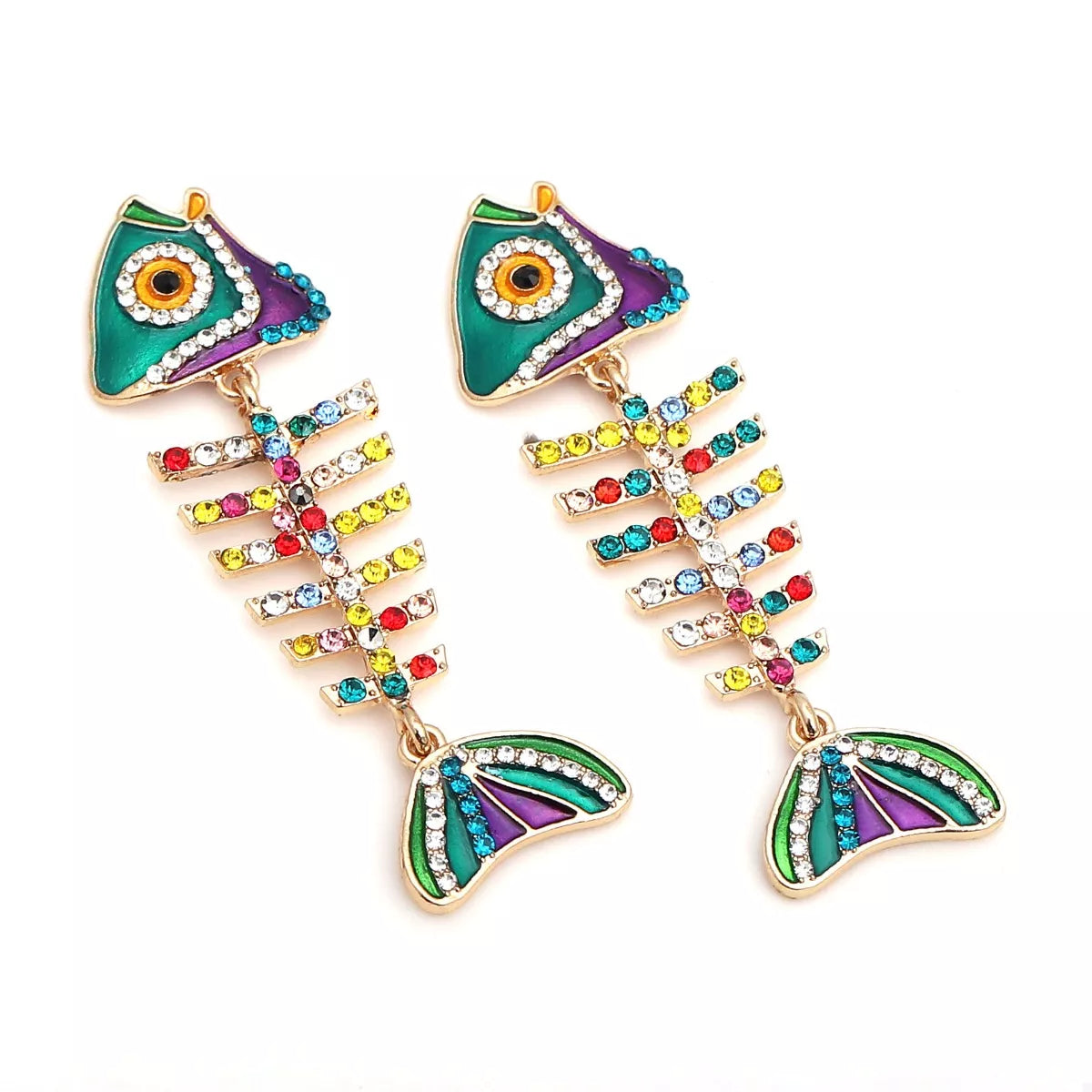 Rhinestone Colorful Fish Bone Statement Earrings