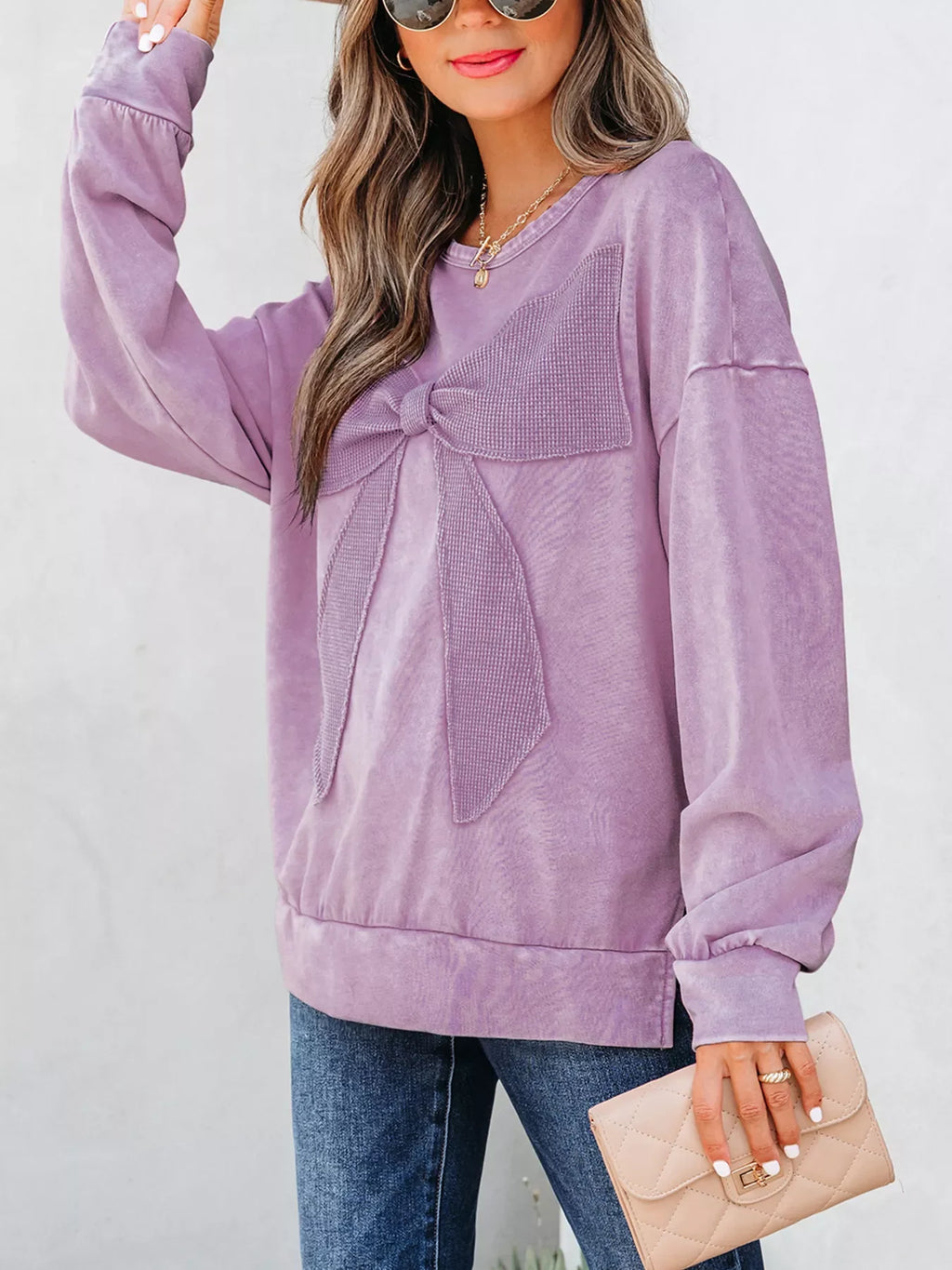 Mineral Wash Bow Patchwork Sweatshirt