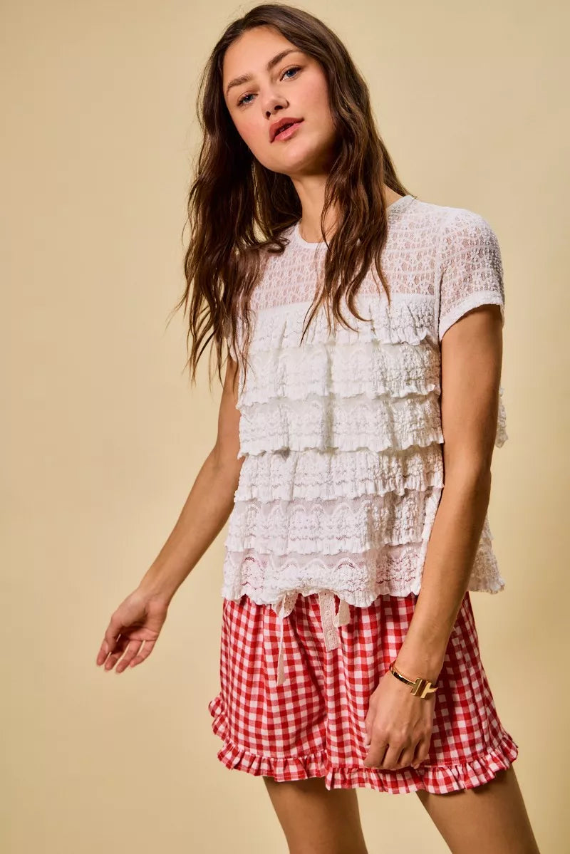 SO ME Ruffle Tiered Stretch Lace Short Sleeves Knit Top