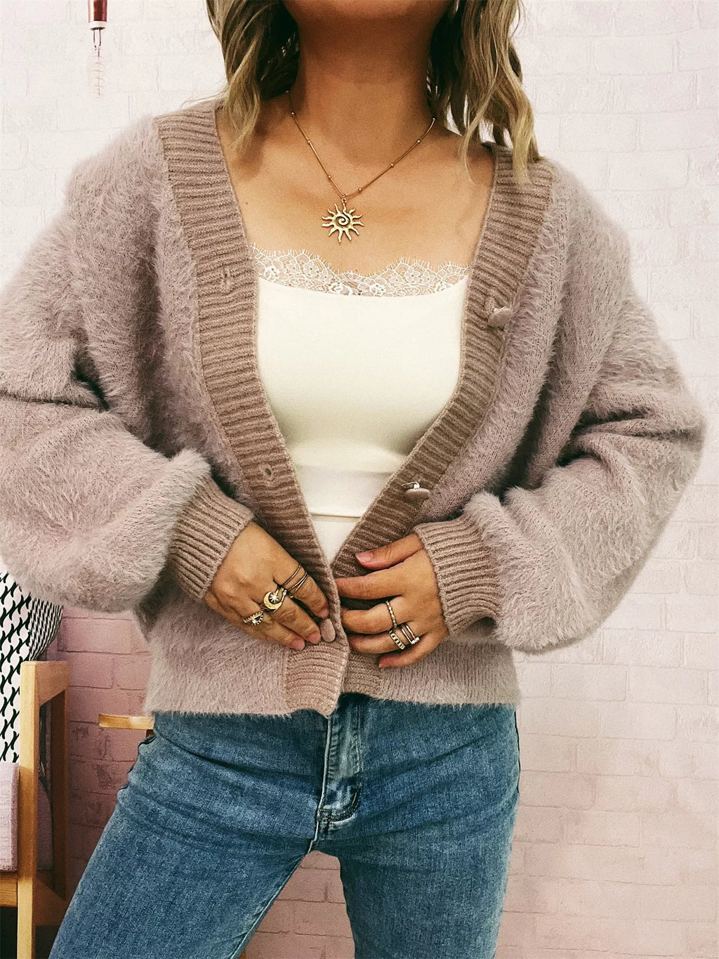 Fuzzy Button-Up Long Sleeve Cardigan