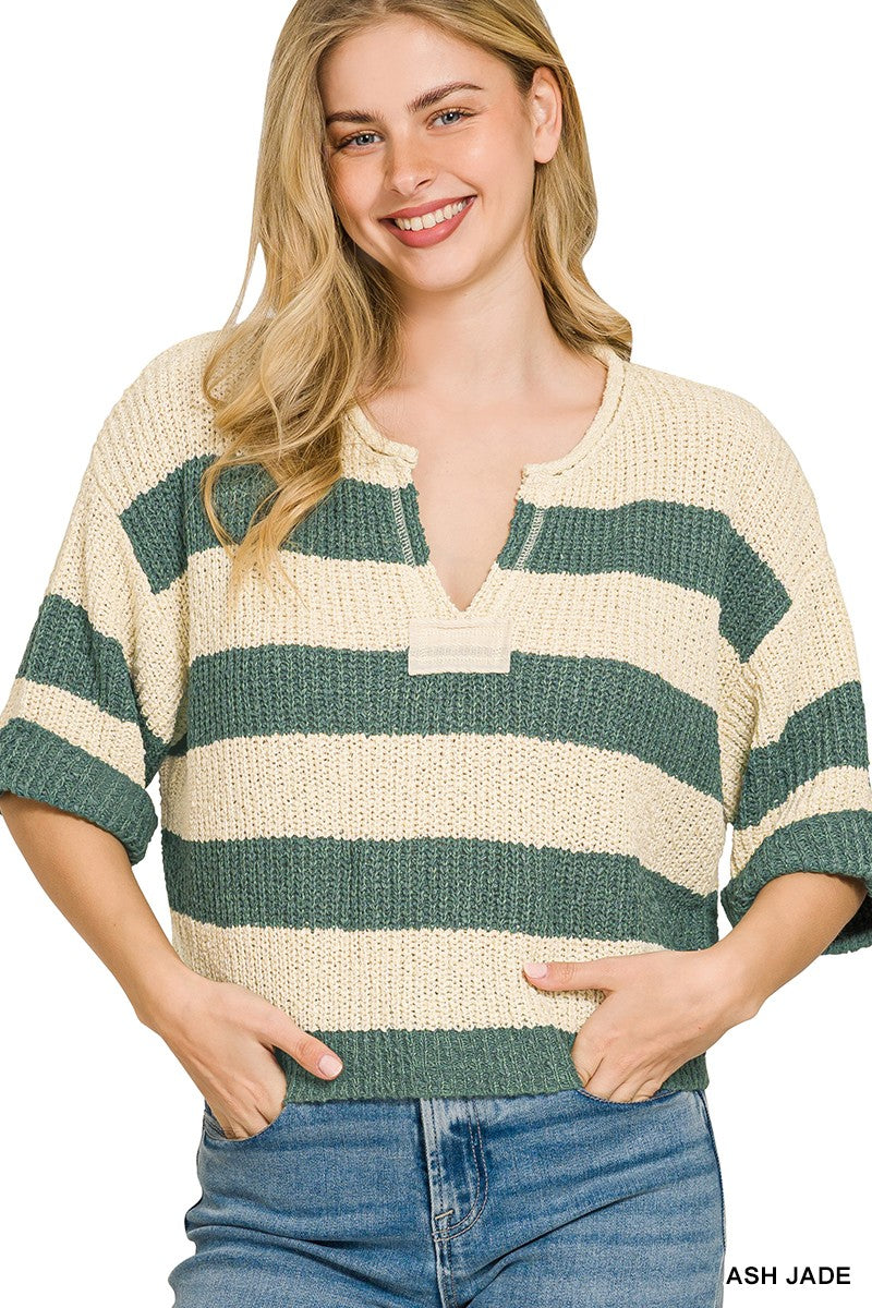 Zenana Split Neck Stripe Sweater
