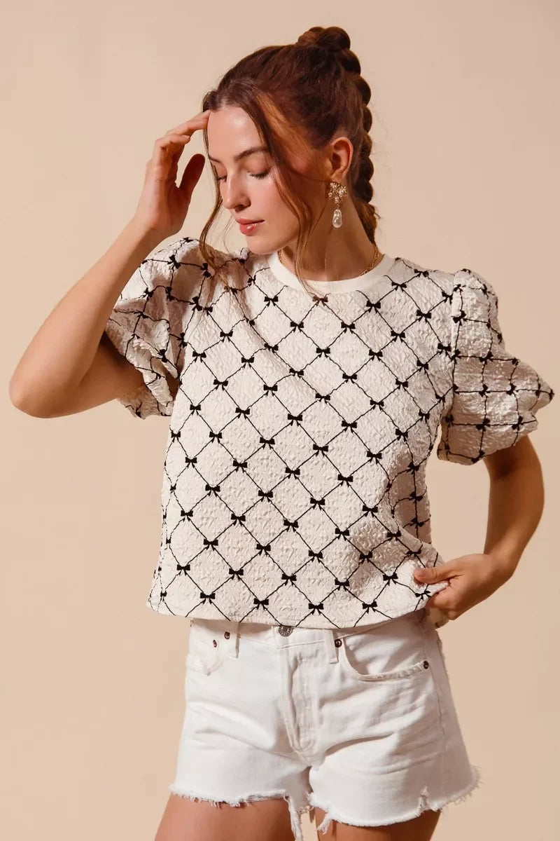 SO ME Bow Texture Woven Bubble Sleeve Top