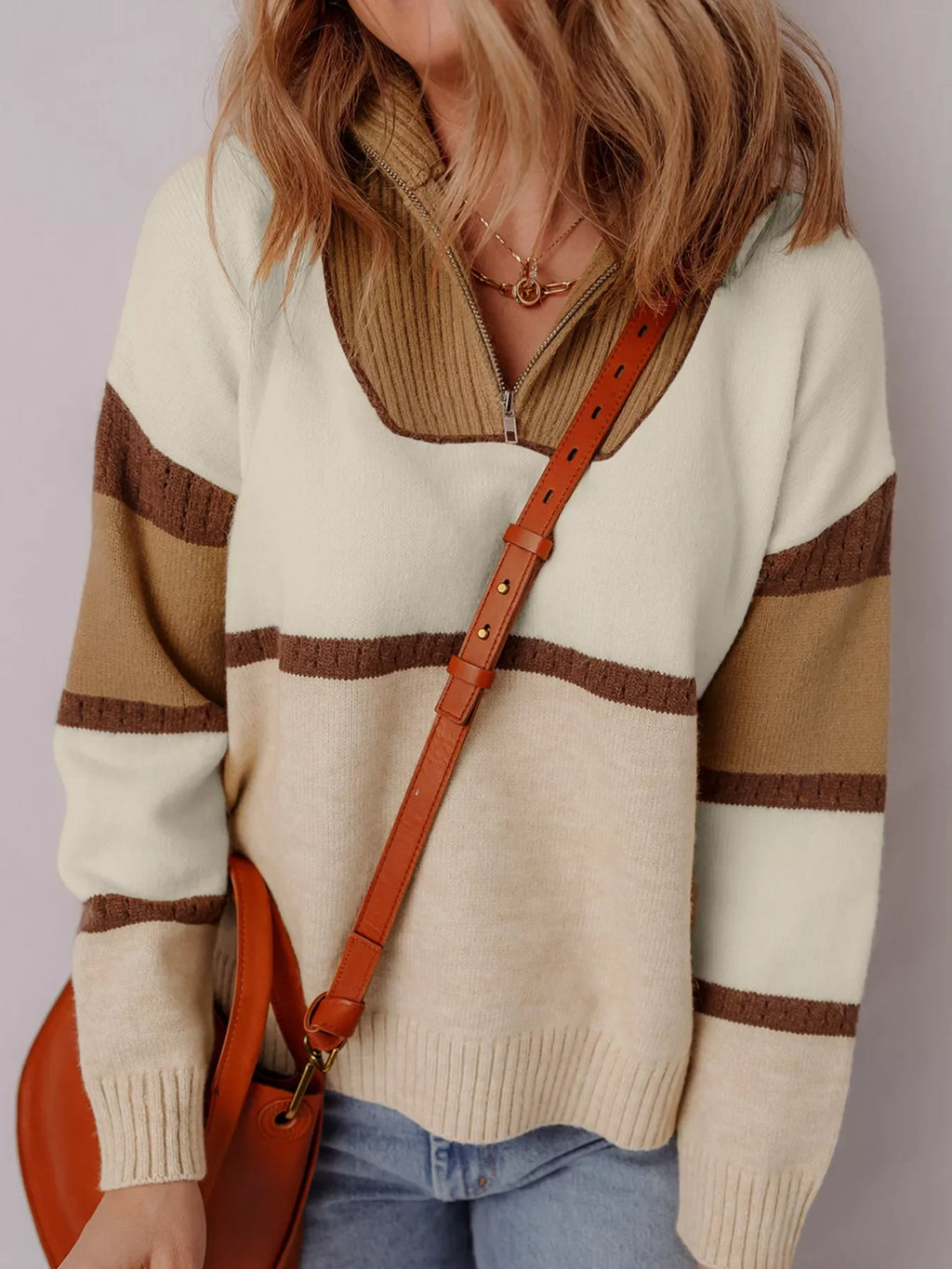 Color Block Zipped Collared Sweater