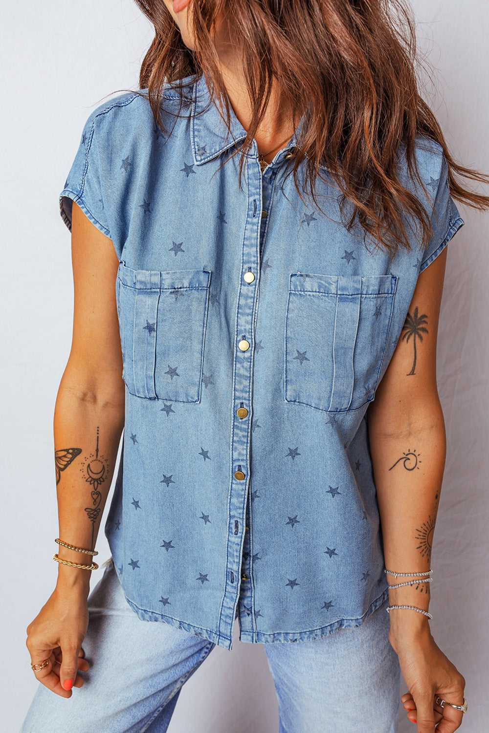 Double Chest Pocket Short Sleeve Denim Shirt