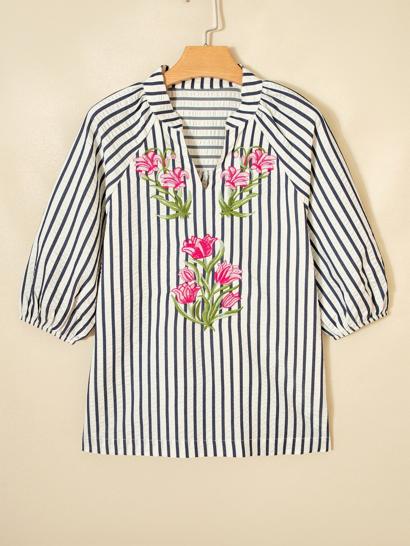 Stripe Floral Embroidered Detail V Neck Short Sleeve Blouse