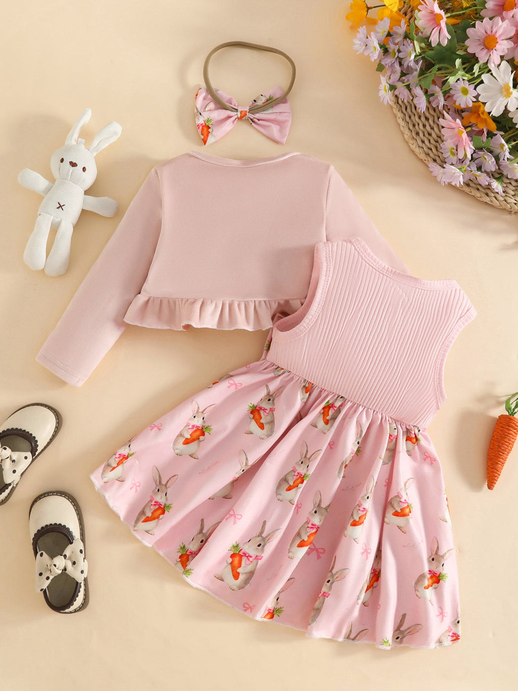 Children's Ruffled Cardigan and Bow Dress Set with Headband