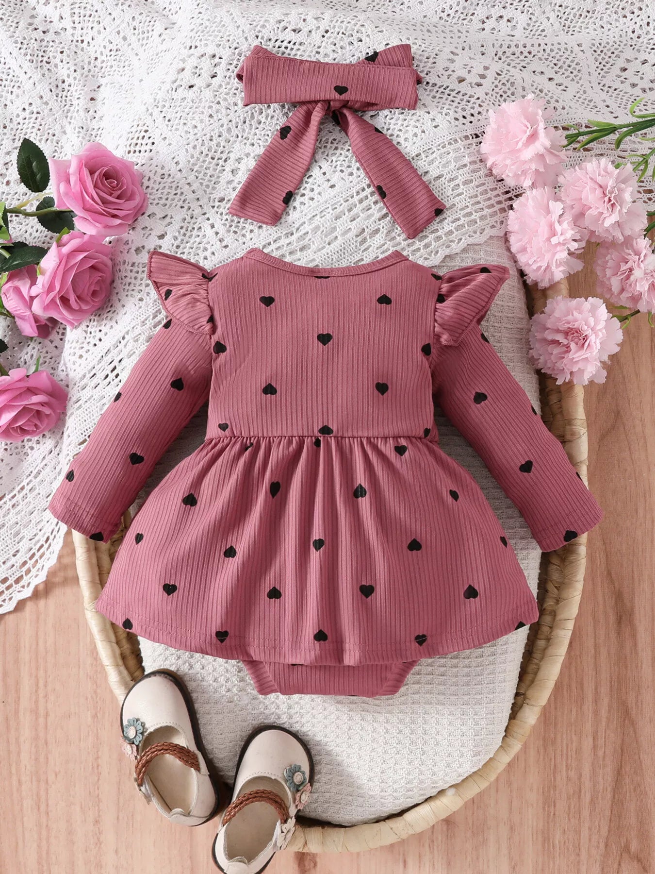Children's Heart Print Ruffle Trim Bodysuit Dress with Headband