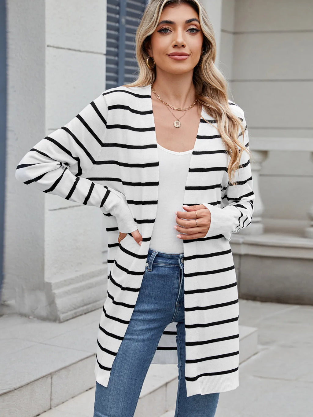 Striped Open Front Cardigan with Relaxed Fit