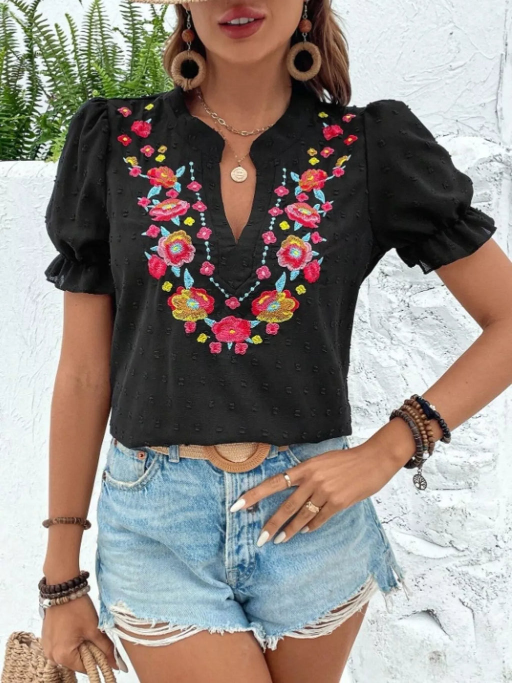 Floral Embroidered Puff Sleeve Blouse