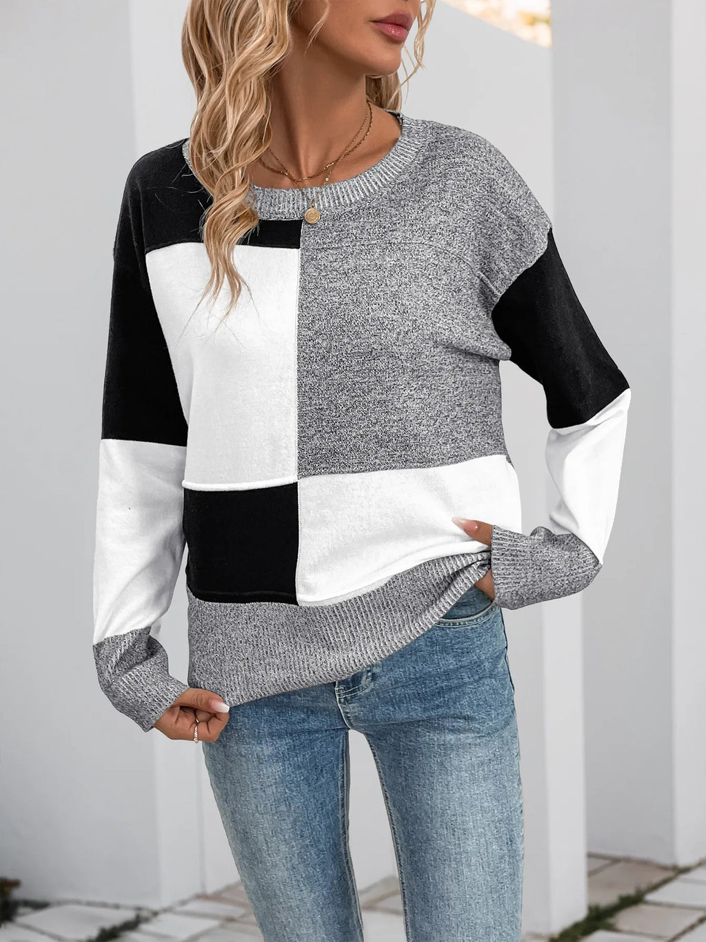 Color Block Knit Long Sleeve Sweater