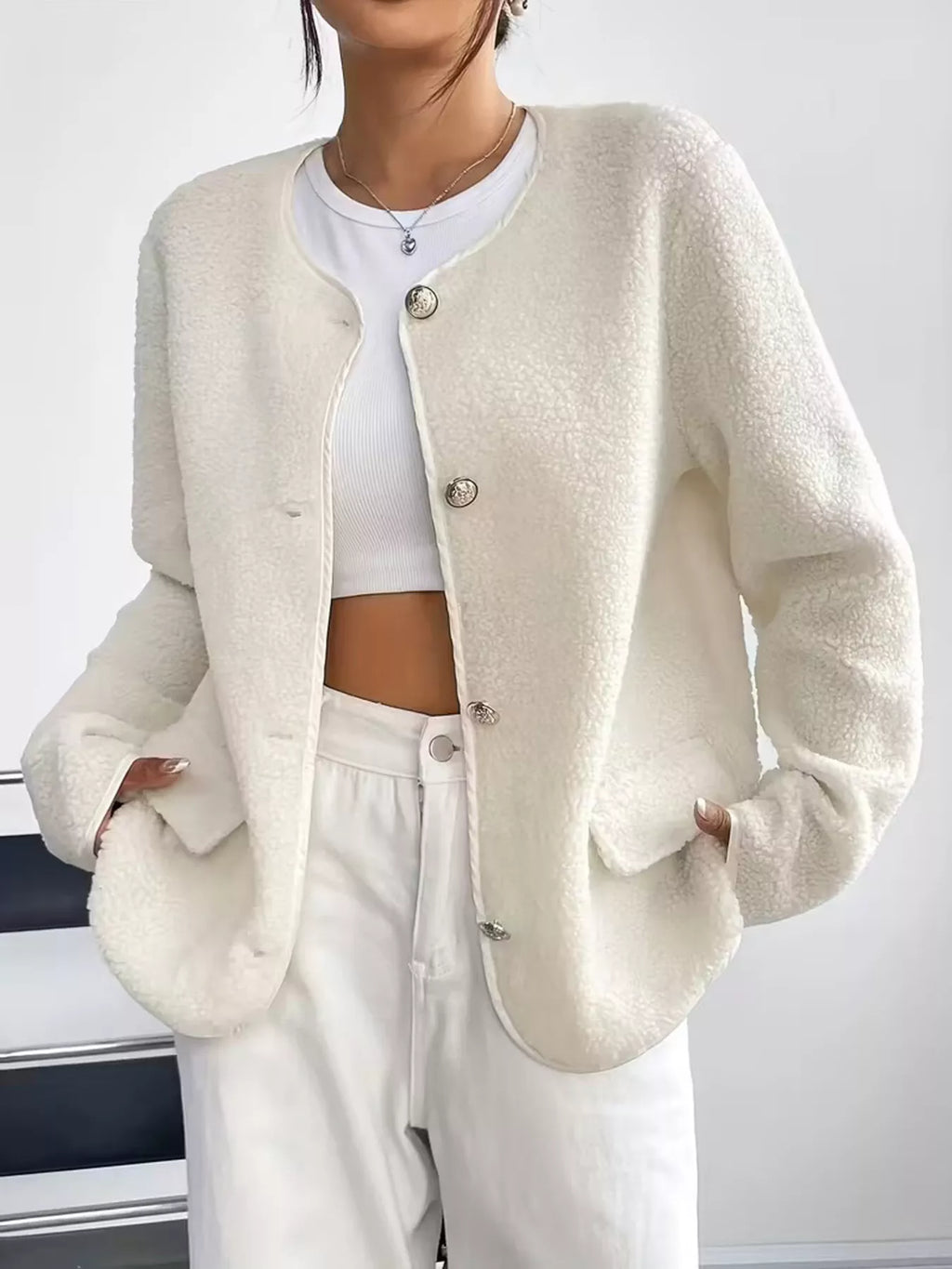 Full Size Textured Button-Up Fleece Outerwear Plus Size