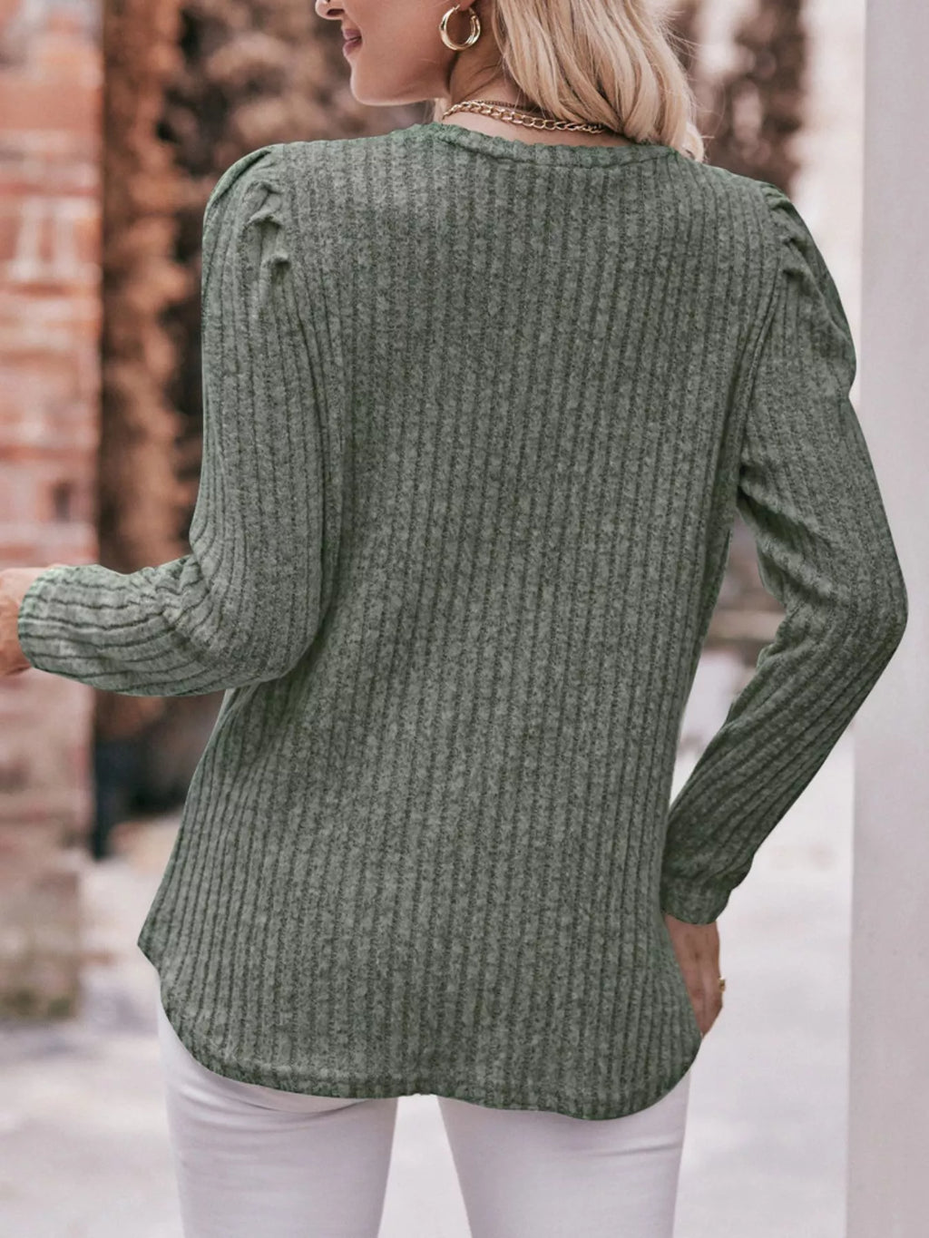 Ribbed Knit Puff Sleeve T-Shirt