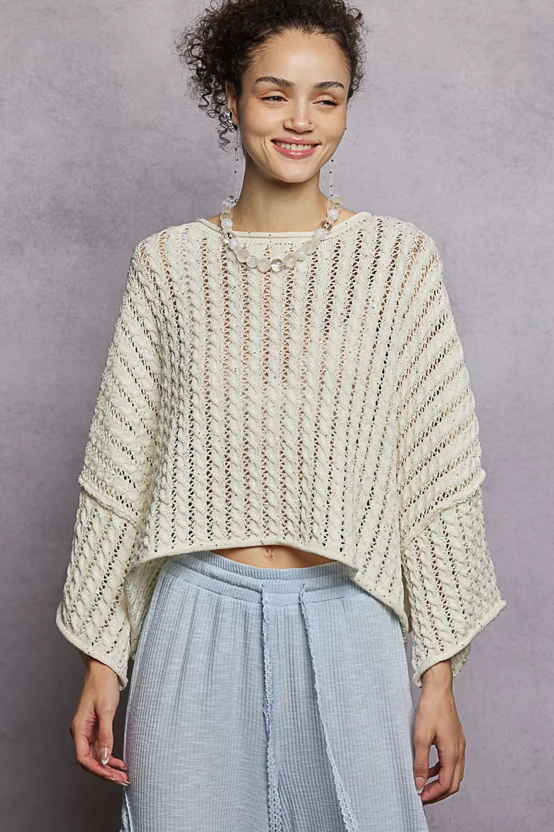 POL Cable-Knit Openwork Round Neck Cropped Sweater