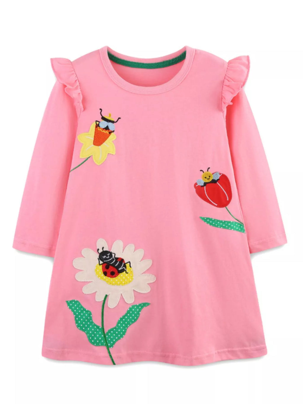 Children's Insect and Flower Appliques Long-Sleeve Dress